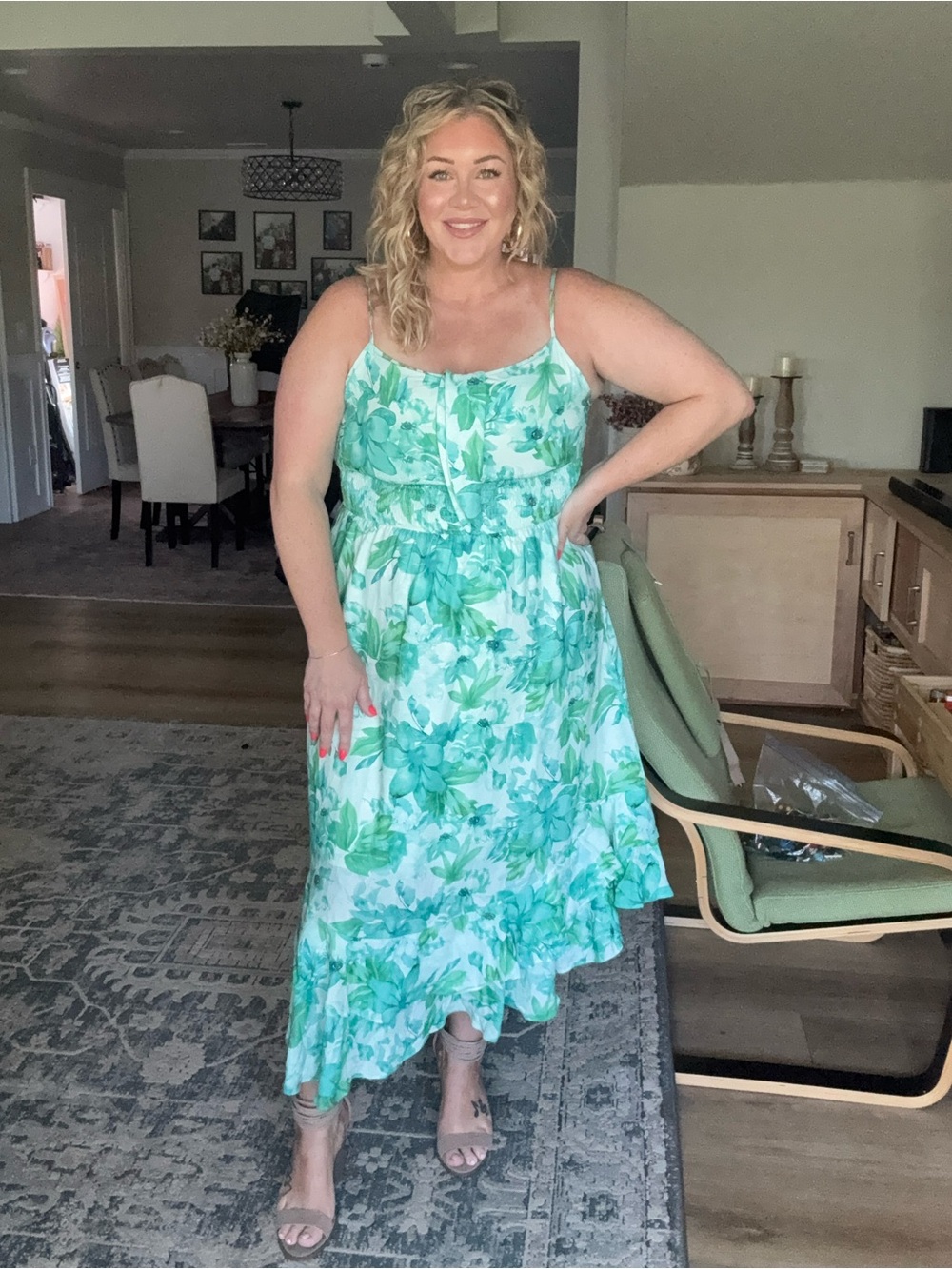 Floral Green Midi Sundress with Ruffle Hem